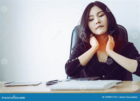 Woman Having Sore Throat And Neck Pain In Office Stock Photo Image Of