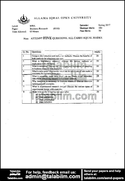Business Research Code No 8510 Spring 2017 Past Papers Aiou Talabilm