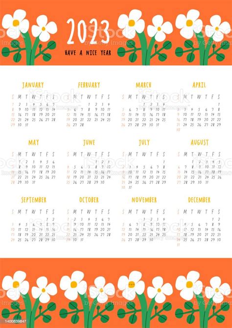 Beautiful Floral Calendar Have A Nice Year 2023 Stock Illustration