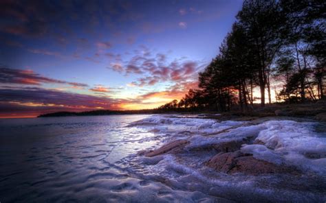 Shore Beaches Nature Landscapes Ice Frozen Lakes Trees Sky