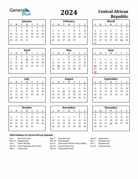 Free Printable 2024 Central African Republic Holiday Calendar