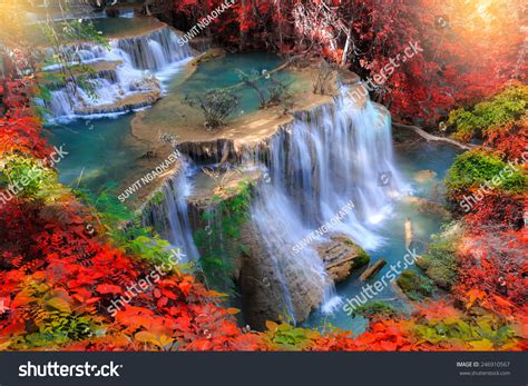 Huay Mae Kamin Waterfall Beautiful Waterfall In Autumn Forest