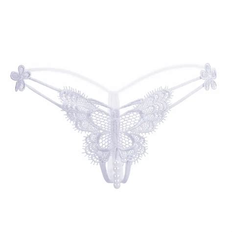 Butterfly Embroidery Thongs Cut Out Open Crotch Faux Pearl Panties