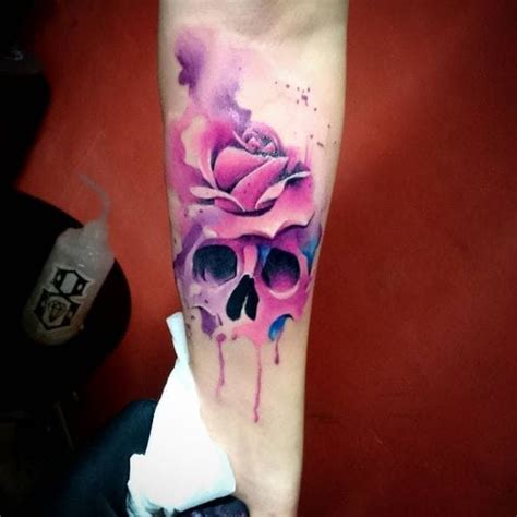 Watercolor Tattoo Rose And Skull Pretty Skull Tattoos Skull Rose