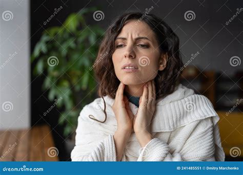 Ill Unhappy Woman In Blanket Touch Sore Throat Suffer From Flu Cold Or