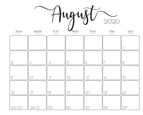 Blank August 2020 Calendar Printable Template 4 Calendar Printables