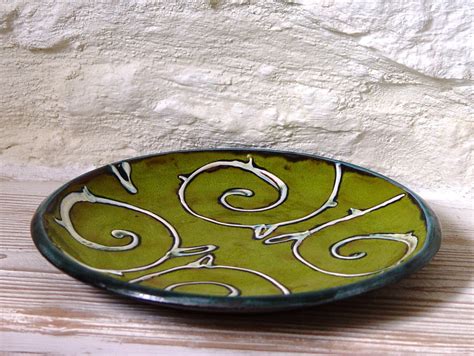 Green Wall Hanging Plate Ceramic Wall Decor Wheel Thrown Hand Painted