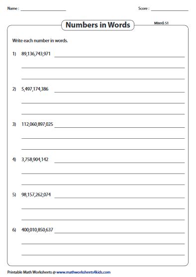 Writing Large Numbers In Word Form Worksheets