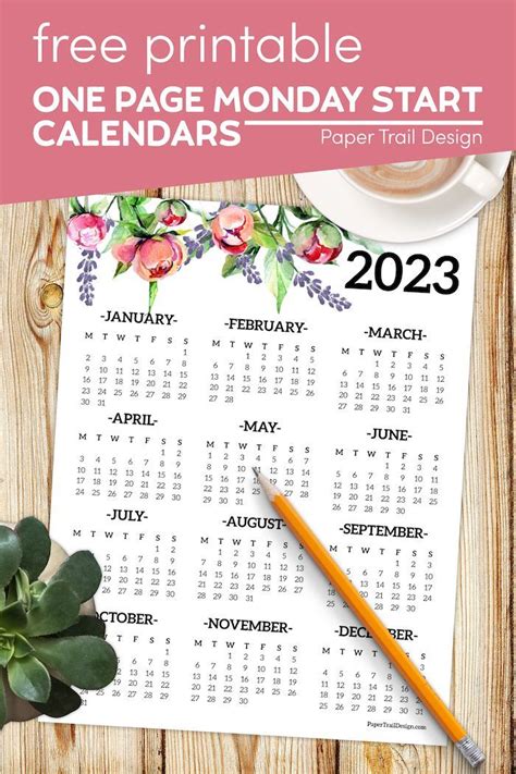 2023 Monday Start Calendar One Page Paper Trail Design In 2022