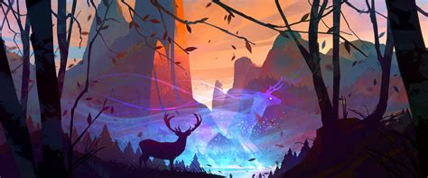 Rocks Animals Digital Art Deer Trees 1080p Bastien Grivet