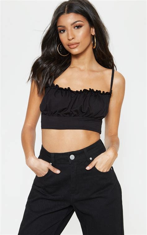 black jersey ruched bust strappy crop top prettylittlething usa