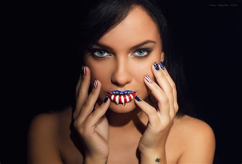HD Wallpaper Women Face Portrait Lipstick Blue Eyes Painted Nails