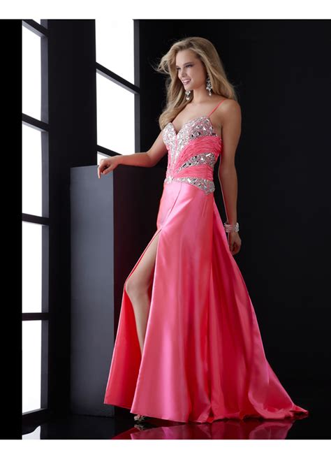 Pink A Line Spaghetti Straps And Sweetheart Zipper Sweep Train Full Length Evening Dresses With