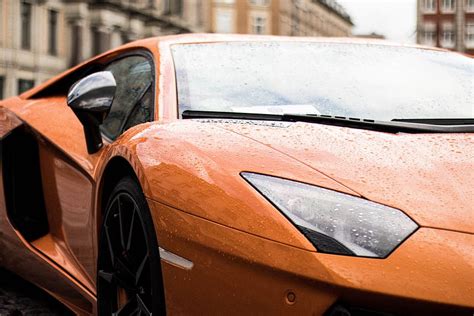 Hd Wallpaper Photo Of Orange Lamborghini Aventador Car Rain