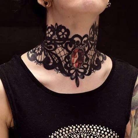 Metals, leather, velvet, lace, ribbon these unconventional textiles (at least for jewelry) have opened the floodgates. Lace choker tat | Neck tattoo, Throat tattoo, Gem tattoo