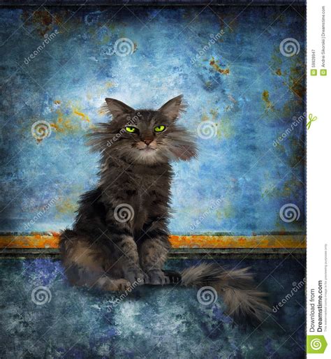 Sitting Fluffy Cat With Green Eyes Stock Illustration