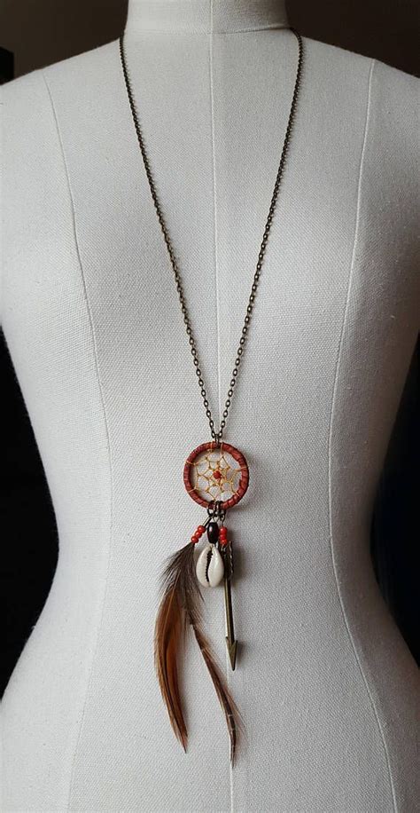 Dream Catcher Necklace Made With Red Leather Feathers Cowrie Dream