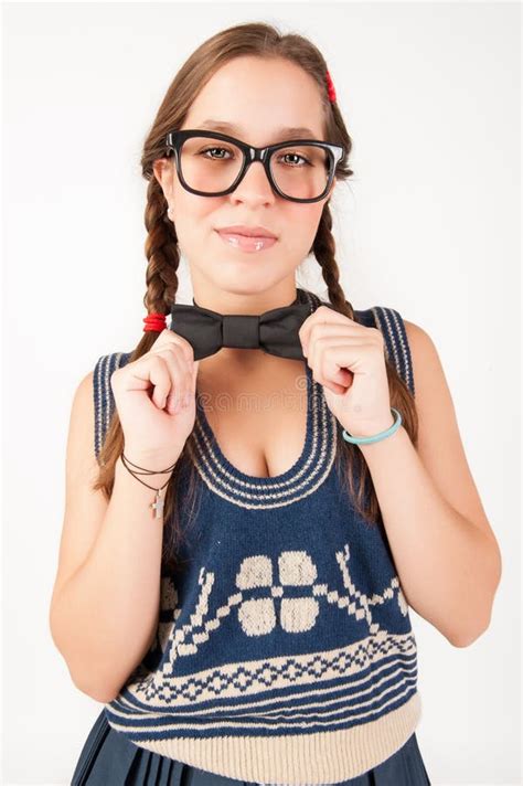 Young Goofy And Nerdy Girl Looking At Camera Stock Photo Image Of