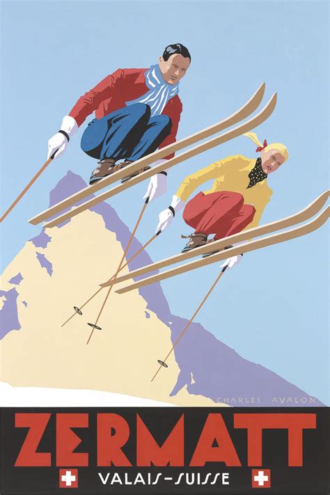 Pel Zermatt Skiing Couple By Charles Avalon Vintage Travel
