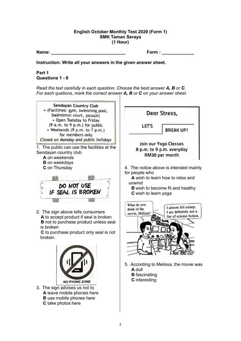 Form 1 English Exam Paper With Answer Malaysia David Russell
