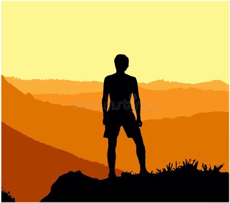 Black Silhouette Of Man Standing On The Top Of The Hill Enjoying
