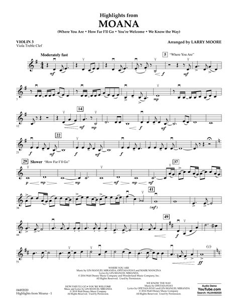 Highlights From Moana Violin 3 Viola Treble Clef Sheet Music