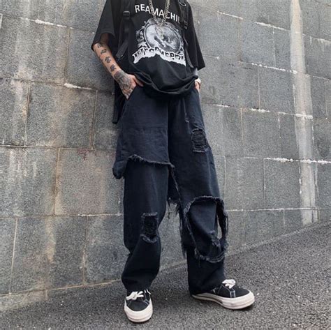 Destroyed Ripped Hole Denim Pant Harajuku High Streetwear Hip Etsy Harajuku Streetwear