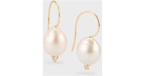 Mizuki 14k Gold Freshwater Pearl And Diamond Drop Earrings In White Lyst