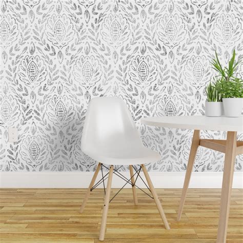 Pre Pasted Wallpaper 2ft Wide Distressed Grey Damask Leaves Black White