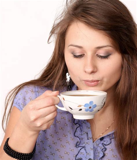 Beautiful Brunette Lady Drinking Coffee Stock Photo Image Of Brewed
