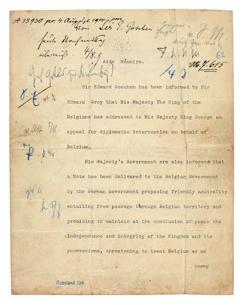 World War I Goschen Typescript Document To Von Jagow The German