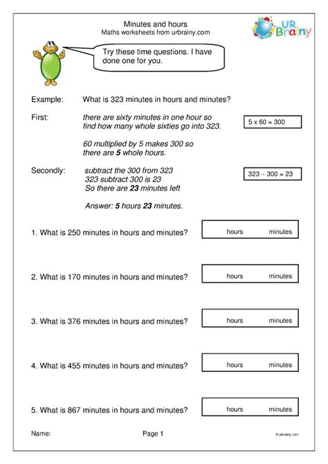 converting between minutes and hours measuring and time worksheets for year 4 age 8 9 by
