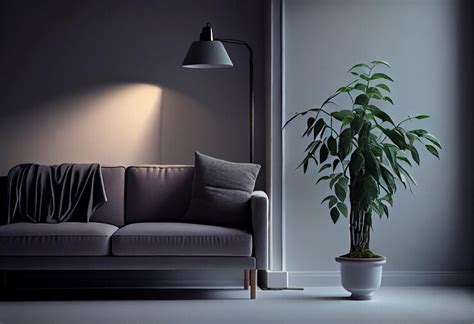 Premium Photo A Grey Sofa A Regular Lamp And A Houseplant In A Bright