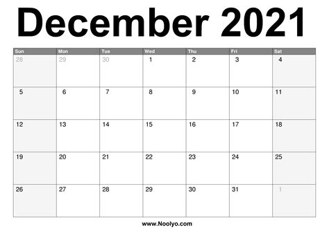 2021 Calendar December Calendar 2021