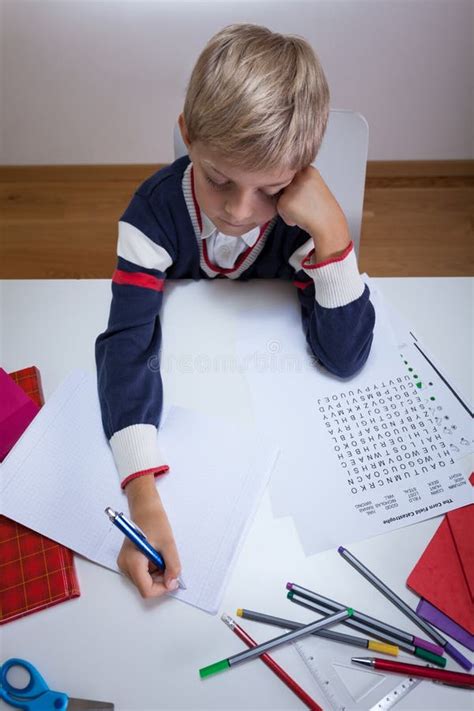 Little Student Writing In Notebook Stock Image Image Of Concentration