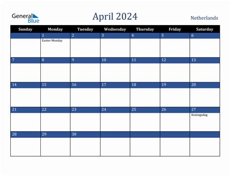 April 2024 Calendar With Netherlands Holidays