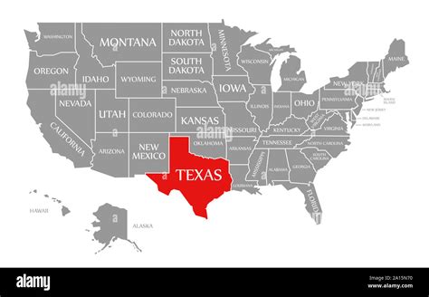 Texas Red Highlighted In Map Of The United States Of America Stock