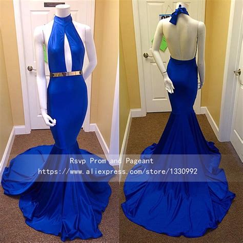 Halter High Neck Backless Royal Blue African Prom Dress 2017 Sleeveless Gold Sash Open Front