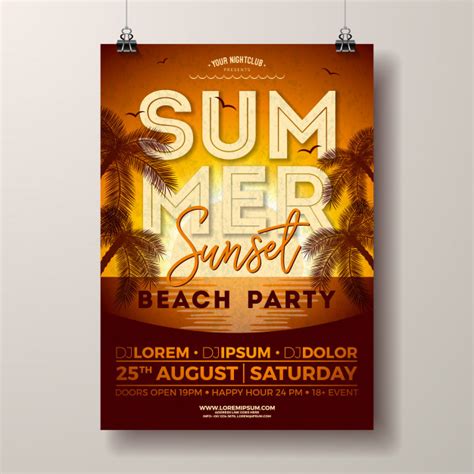 Summer Party Poster With Palm Trees On Sunset Landscape Free Vector