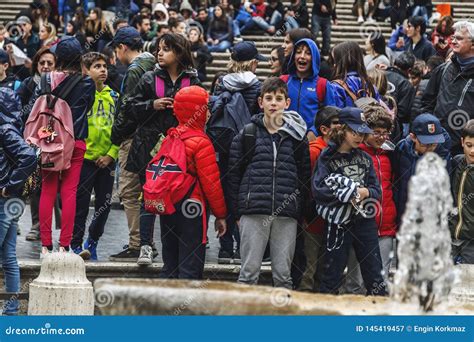 Group Of Italian Kids Visiting The Spanish Steps In Rome In A School