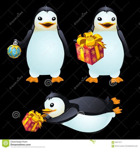 Three Fun Penguins With Christmas Ball And Ts Stock Vector