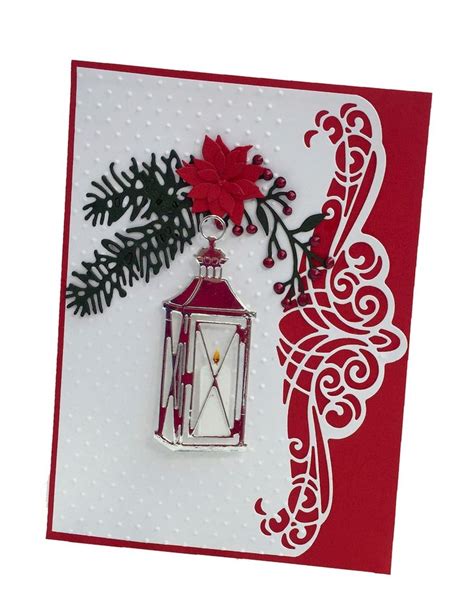 Handmade Silver Lantern With Flickering Candle Christmas Card Red