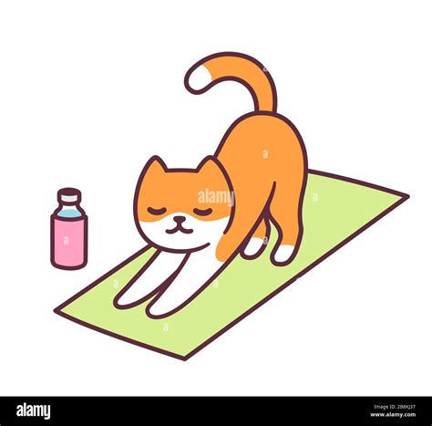 Cartoon Cat Doing Yoga Pose Stretching In Fitness Class Ginger Kitty