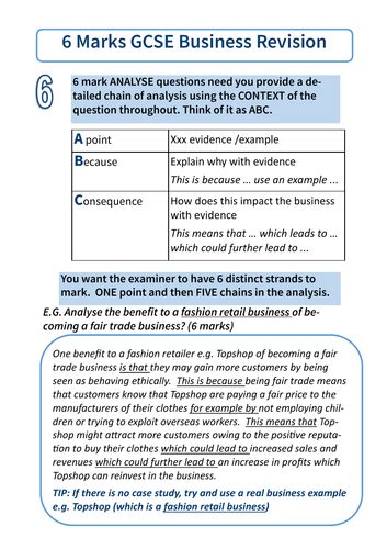 Aqa Gcse Business 9 1 Exam Structure 6 Mark Questions Teaching Resources