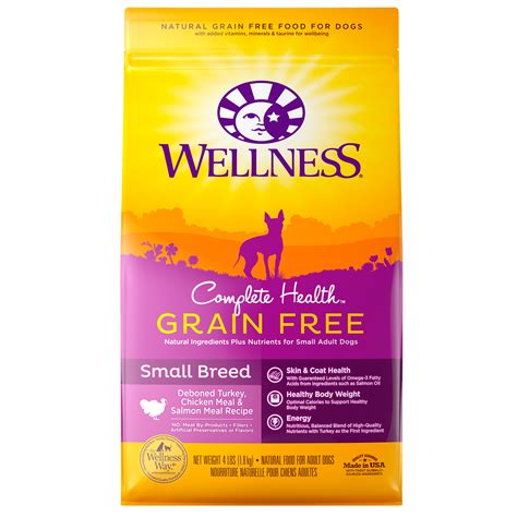 It incorporates turkey breast, turkey liver, kale, carrots, blueberries and chia seeds to provide a flavor and texture that is unrivaled. Complete Health Grain Free Small Breed | Wellness Pet Food