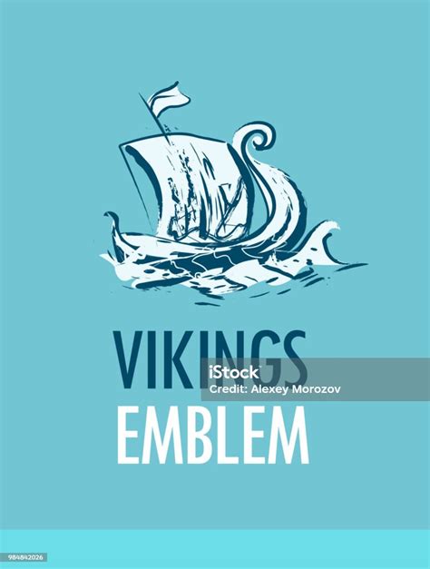 Ilustración De Emblema Con Nave Escandinava Drakkar Vikingos En Mar Y