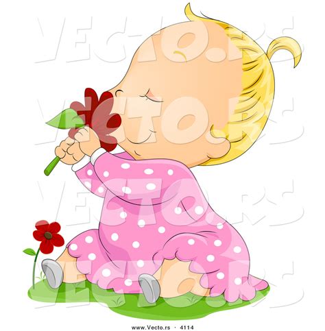 Vector Of A Happy Cartoon Baby Girl Smelling A Red Daisy Flower While