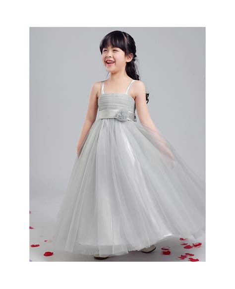 Long Grey Tulle Folded Flower Girl Dress With Bow Sash Gemgrace