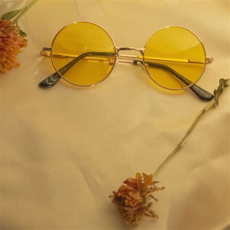 Round Circle Lens Sunnies With A Rose Gold Metal Depop Yellow Sunglasses Yellow