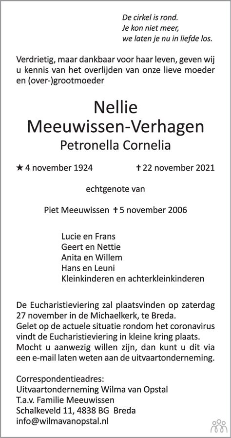 Nellie Petronella Cornelia Meeuwissen Verhagen 22 11 2021